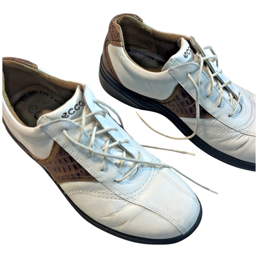 ECCO Flexor Mens Golf Shoes Size 9.5 White Brown Leather Spikeless Comfort EU 43